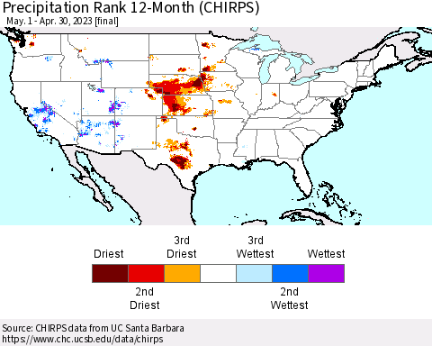 United States Precipitation Rank since 1981, 12-Month (CHIRPS) Thematic Map For 5/1/2022 - 4/30/2023