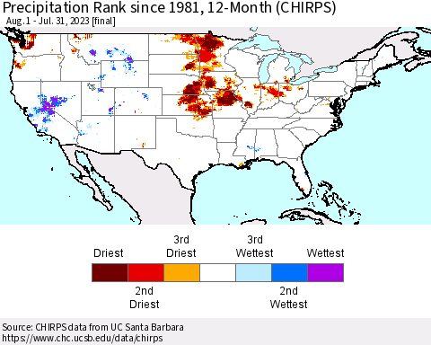 United States Precipitation Rank since 1981, 12-Month (CHIRPS) Thematic Map For 8/1/2022 - 7/31/2023