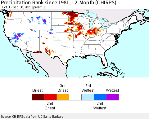 United States Precipitation Rank since 1981, 12-Month (CHIRPS) Thematic Map For 10/1/2022 - 9/30/2023