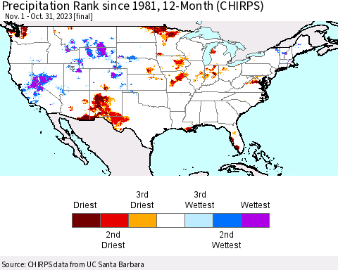 United States Precipitation Rank since 1981, 12-Month (CHIRPS) Thematic Map For 11/1/2022 - 10/31/2023