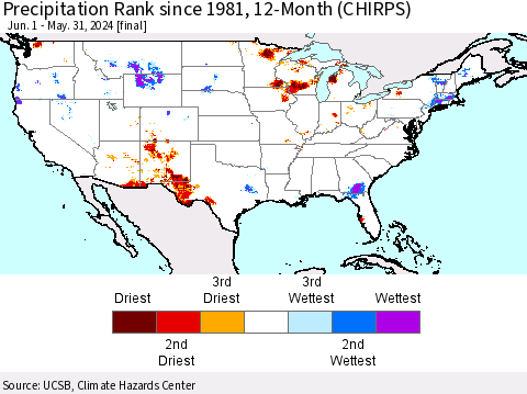United States Precipitation Rank since 1981, 12-Month (CHIRPS) Thematic Map For 6/1/2023 - 5/31/2024