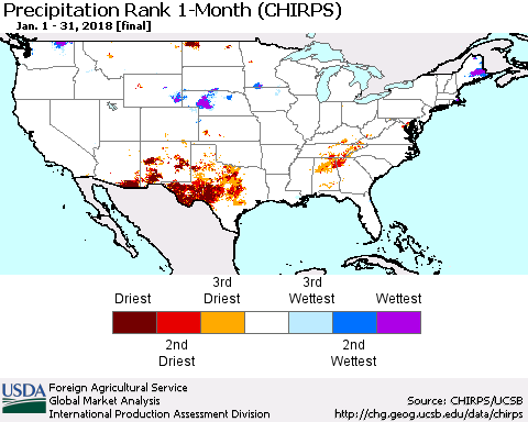 United States Precipitation Rank since 1981, 1-Month (CHIRPS) Thematic Map For 1/1/2018 - 1/31/2018