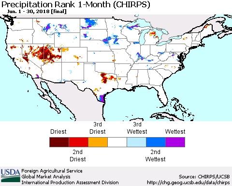 United States Precipitation Rank since 1981, 1-Month (CHIRPS) Thematic Map For 6/1/2018 - 6/30/2018