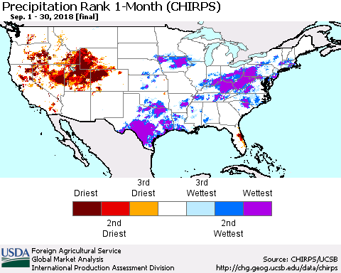 United States Precipitation Rank since 1981, 1-Month (CHIRPS) Thematic Map For 9/1/2018 - 9/30/2018