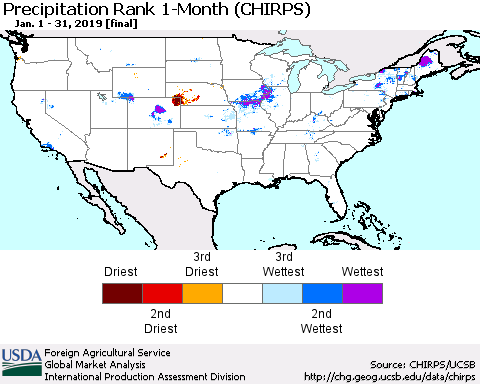 United States Precipitation Rank since 1981, 1-Month (CHIRPS) Thematic Map For 1/1/2019 - 1/31/2019