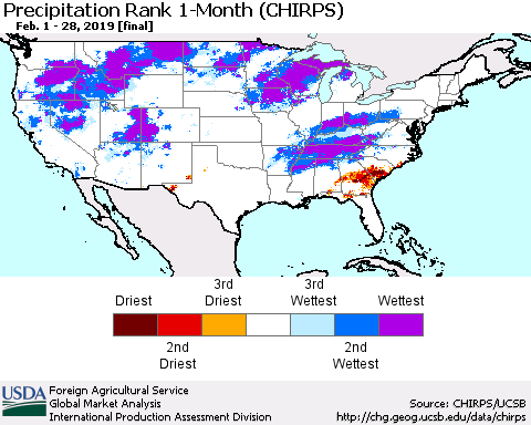 United States Precipitation Rank since 1981, 1-Month (CHIRPS) Thematic Map For 2/1/2019 - 2/28/2019