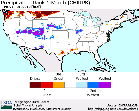 United States Precipitation Rank 1-Month (CHIRPS) Thematic Map For 3/1/2019 - 3/31/2019