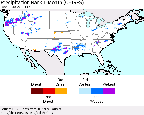 United States Precipitation Rank 1-Month (CHIRPS) Thematic Map For 4/1/2019 - 4/30/2019