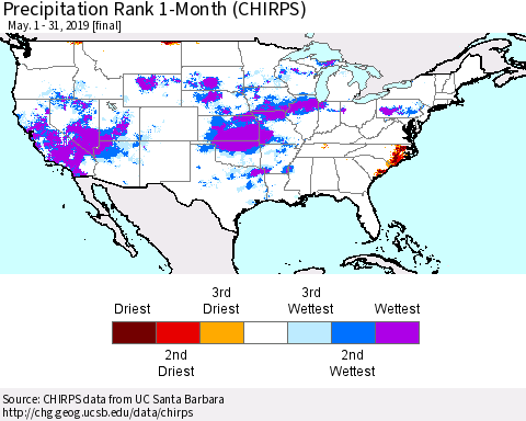 United States Precipitation Rank 1-Month (CHIRPS) Thematic Map For 5/1/2019 - 5/31/2019
