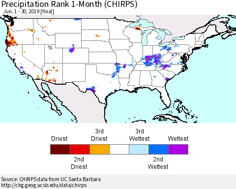 United States Precipitation Rank since 1981, 1-Month (CHIRPS) Thematic Map For 6/1/2019 - 6/30/2019