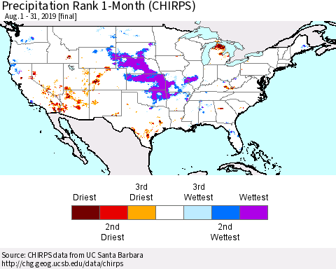 United States Precipitation Rank 1-Month (CHIRPS) Thematic Map For 8/1/2019 - 8/31/2019