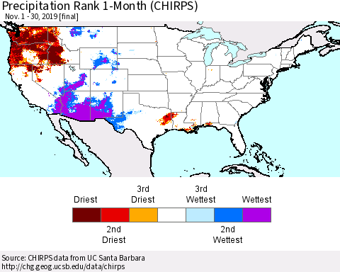 United States Precipitation Rank 1-Month (CHIRPS) Thematic Map For 11/1/2019 - 11/30/2019