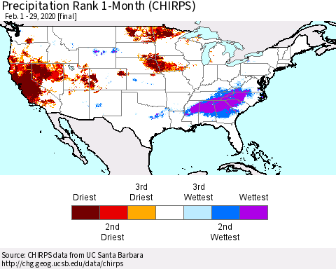 United States Precipitation Rank 1-Month (CHIRPS) Thematic Map For 2/1/2020 - 2/29/2020