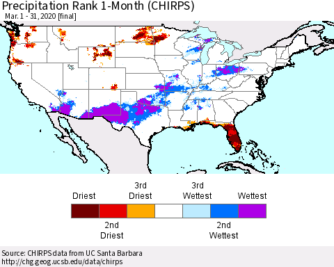 United States Precipitation Rank since 1981, 1-Month (CHIRPS) Thematic Map For 3/1/2020 - 3/31/2020