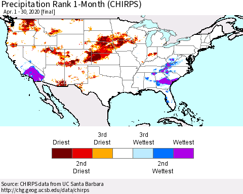 United States Precipitation Rank 1-Month (CHIRPS) Thematic Map For 4/1/2020 - 4/30/2020