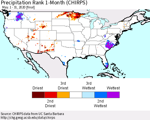 United States Precipitation Rank 1-Month (CHIRPS) Thematic Map For 5/1/2020 - 5/31/2020