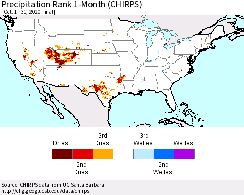 United States Precipitation Rank since 1981, 1-Month (CHIRPS) Thematic Map For 10/1/2020 - 10/31/2020