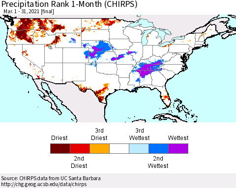 United States Precipitation Rank since 1981, 1-Month (CHIRPS) Thematic Map For 3/1/2021 - 3/31/2021