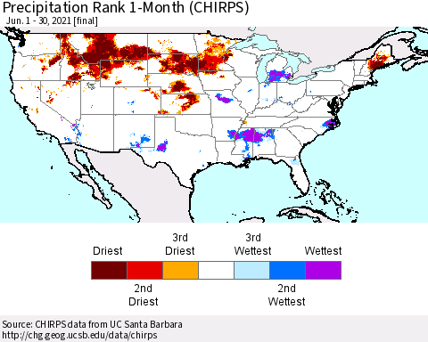 United States Precipitation Rank 1-Month (CHIRPS) Thematic Map For 6/1/2021 - 6/30/2021