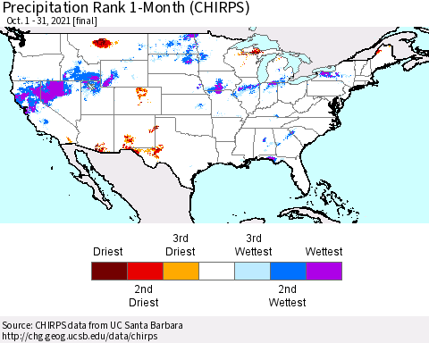 United States Precipitation Rank 1-Month (CHIRPS) Thematic Map For 10/1/2021 - 10/31/2021