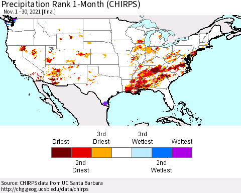 United States Precipitation Rank since 1981, 1-Month (CHIRPS) Thematic Map For 11/1/2021 - 11/30/2021