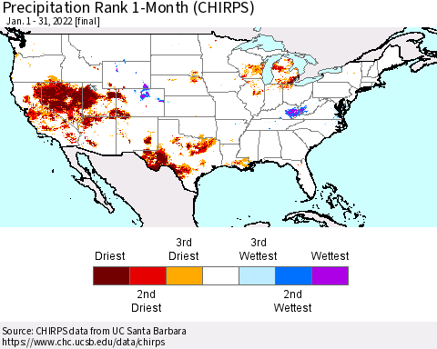 United States Precipitation Rank 1-Month (CHIRPS) Thematic Map For 1/1/2022 - 1/31/2022