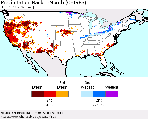 United States Precipitation Rank 1-Month (CHIRPS) Thematic Map For 2/1/2022 - 2/28/2022