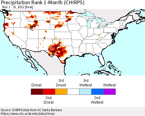 United States Precipitation Rank since 1981, 1-Month (CHIRPS) Thematic Map For 3/1/2022 - 3/31/2022