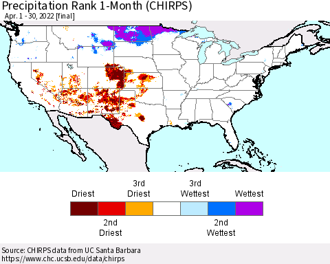 United States Precipitation Rank 1-Month (CHIRPS) Thematic Map For 4/1/2022 - 4/30/2022