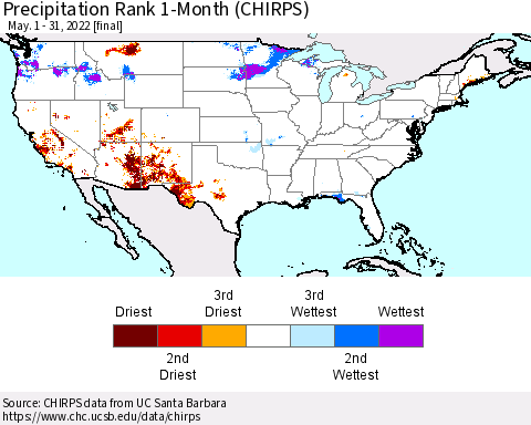 United States Precipitation Rank 1-Month (CHIRPS) Thematic Map For 5/1/2022 - 5/31/2022
