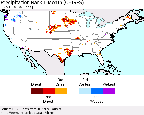 United States Precipitation Rank since 1981, 1-Month (CHIRPS) Thematic Map For 6/1/2022 - 6/30/2022