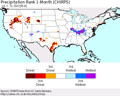 United States Precipitation Rank since 1981, 1-Month (CHIRPS) Thematic Map For 7/1/2022 - 7/31/2022