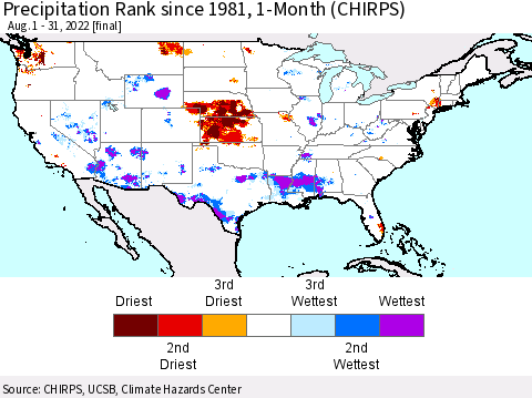 United States Precipitation Rank since 1981, 1-Month (CHIRPS) Thematic Map For 8/1/2022 - 8/31/2022