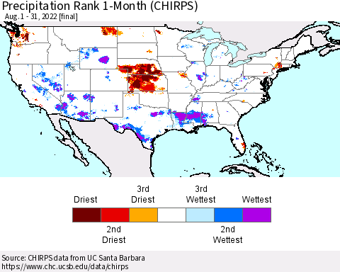 United States Precipitation Rank since 1981, 1-Month (CHIRPS) Thematic Map For 8/1/2022 - 8/31/2022