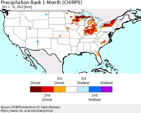 United States Precipitation Rank 1-Month (CHIRPS) Thematic Map For 10/1/2022 - 10/31/2022