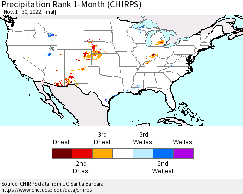 United States Precipitation Rank since 1981, 1-Month (CHIRPS) Thematic Map For 11/1/2022 - 11/30/2022