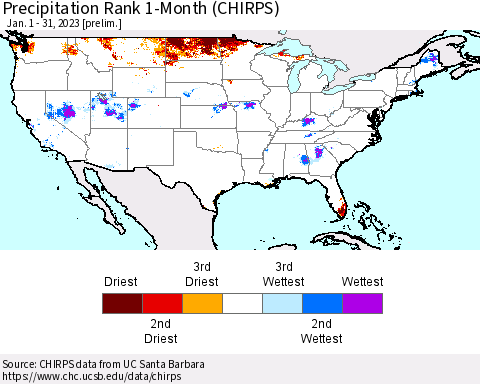 United States Precipitation Rank 1-Month (CHIRPS) Thematic Map For 1/1/2023 - 1/31/2023