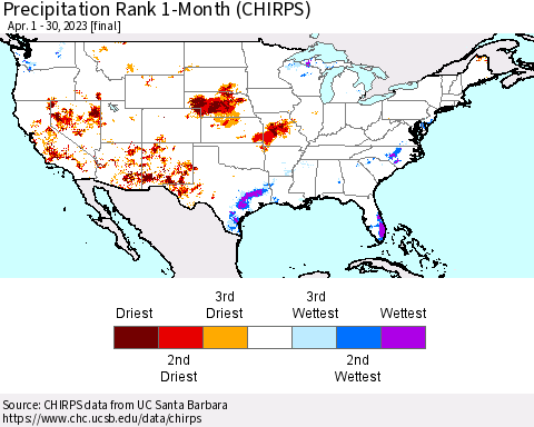 United States Precipitation Rank since 1981, 1-Month (CHIRPS) Thematic Map For 4/1/2023 - 4/30/2023