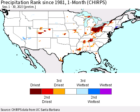 United States Precipitation Rank since 1981, 1-Month (CHIRPS) Thematic Map For 9/1/2023 - 9/30/2023