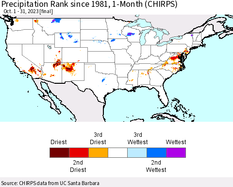 United States Precipitation Rank since 1981, 1-Month (CHIRPS) Thematic Map For 10/1/2023 - 10/31/2023