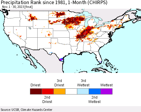 United States Precipitation Rank since 1981, 1-Month (CHIRPS) Thematic Map For 11/1/2023 - 11/30/2023