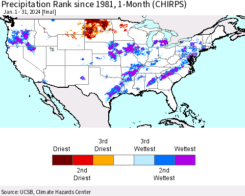 United States Precipitation Rank since 1981, 1-Month (CHIRPS) Thematic Map For 1/1/2024 - 1/31/2024