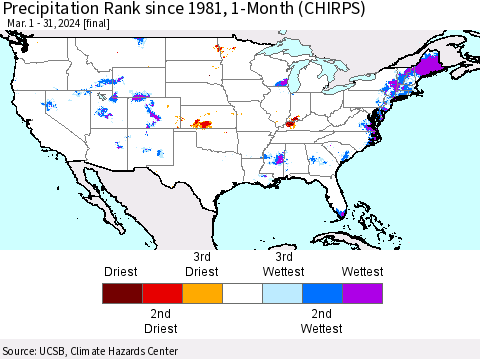 United States Precipitation Rank since 1981, 1-Month (CHIRPS) Thematic Map For 3/1/2024 - 3/31/2024