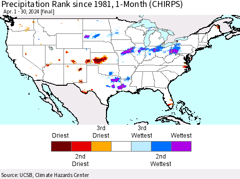 United States Precipitation Rank since 1981, 1-Month (CHIRPS) Thematic Map For 4/1/2024 - 4/30/2024