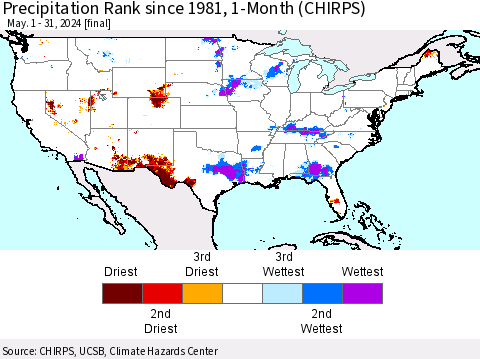 United States Precipitation Rank since 1981, 1-Month (CHIRPS) Thematic Map For 5/1/2024 - 5/31/2024