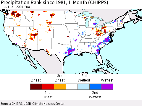 United States Precipitation Rank since 1981, 1-Month (CHIRPS) Thematic Map For 7/1/2024 - 7/31/2024