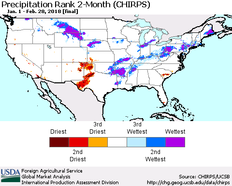 United States Precipitation Rank since 1981, 2-Month (CHIRPS) Thematic Map For 1/1/2018 - 2/28/2018