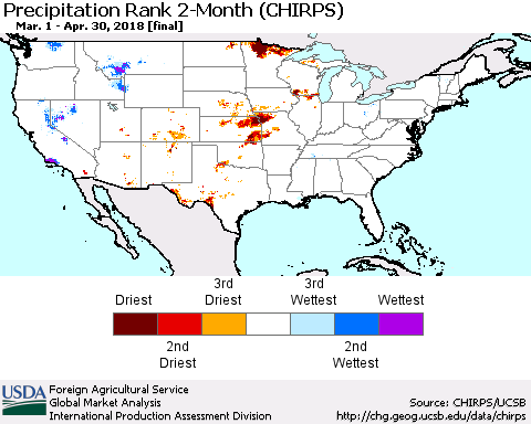 United States Precipitation Rank since 1981, 2-Month (CHIRPS) Thematic Map For 3/1/2018 - 4/30/2018