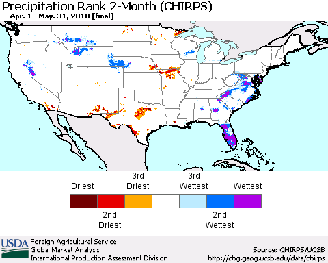 United States Precipitation Rank since 1981, 2-Month (CHIRPS) Thematic Map For 4/1/2018 - 5/31/2018