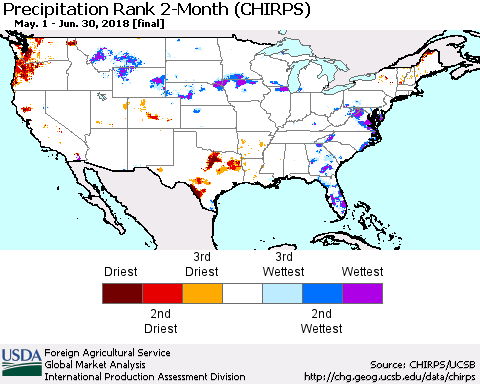 United States Precipitation Rank since 1981, 2-Month (CHIRPS) Thematic Map For 5/1/2018 - 6/30/2018